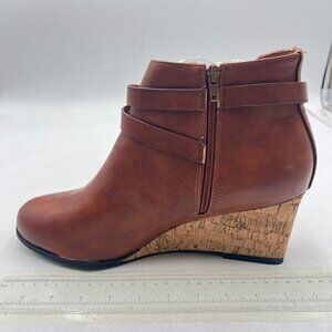 Brown Ankle Boots Round Toe Wedge Heel Strappy Side Zipper Fashion Party Shoes